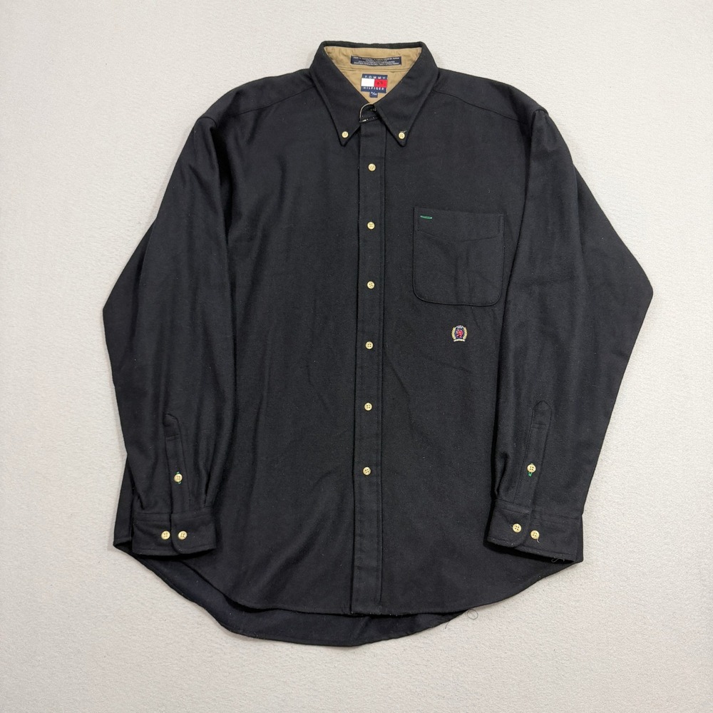 Vintage Tommy Hilfiger Button Shirt XL Black Wool Blend Crest Logo Long Sleeve